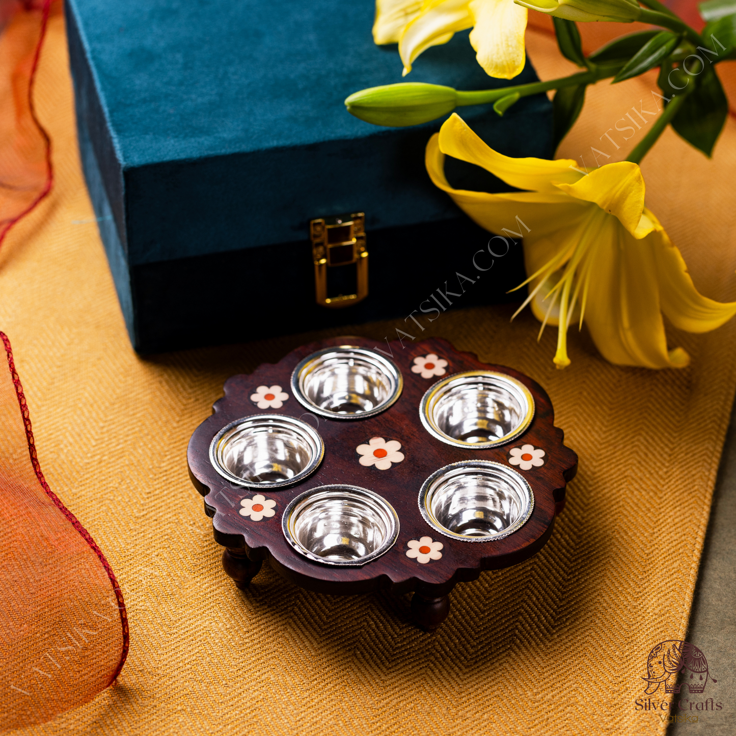 Silver Prasadam Bowl Set with Rosewood Stand