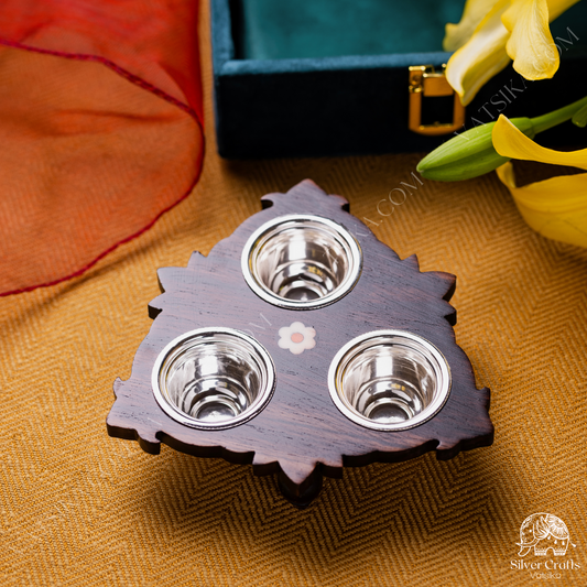 Silver 3 Cup Prasadam Bowl with Rosewood Stand