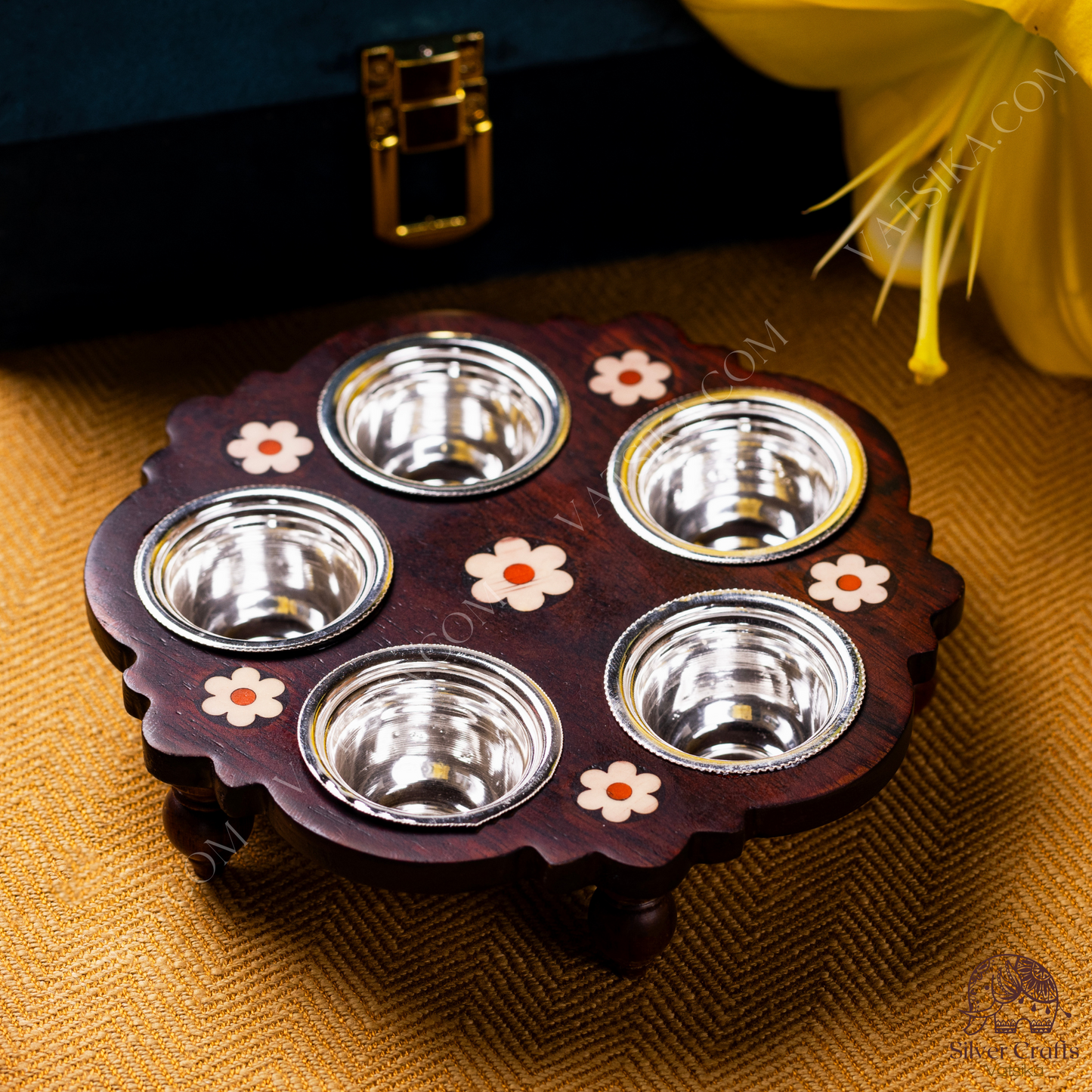 Silver Prasadam Bowl Set with Rosewood Stand