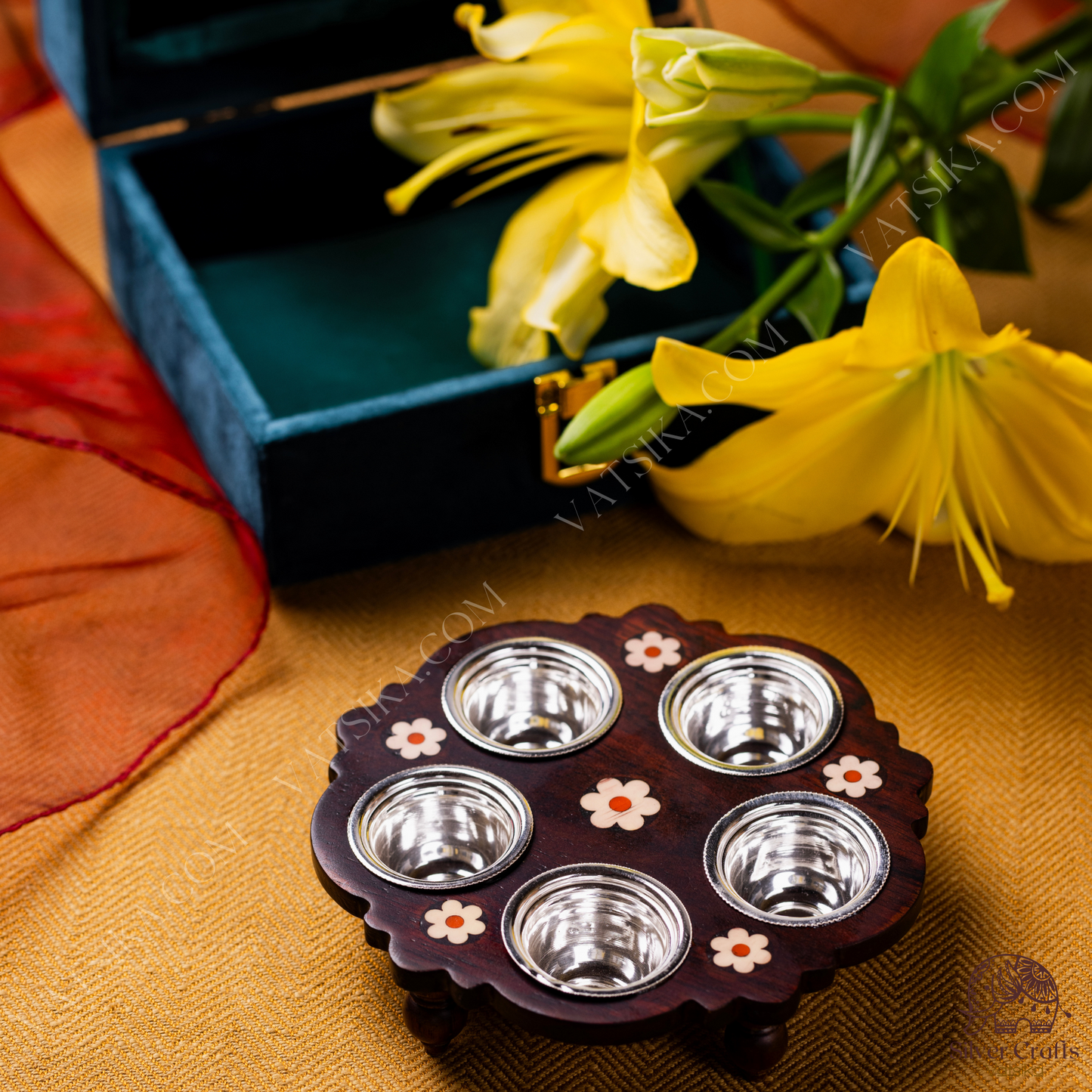 Silver Prasadam Bowl Set with Rosewood Stand