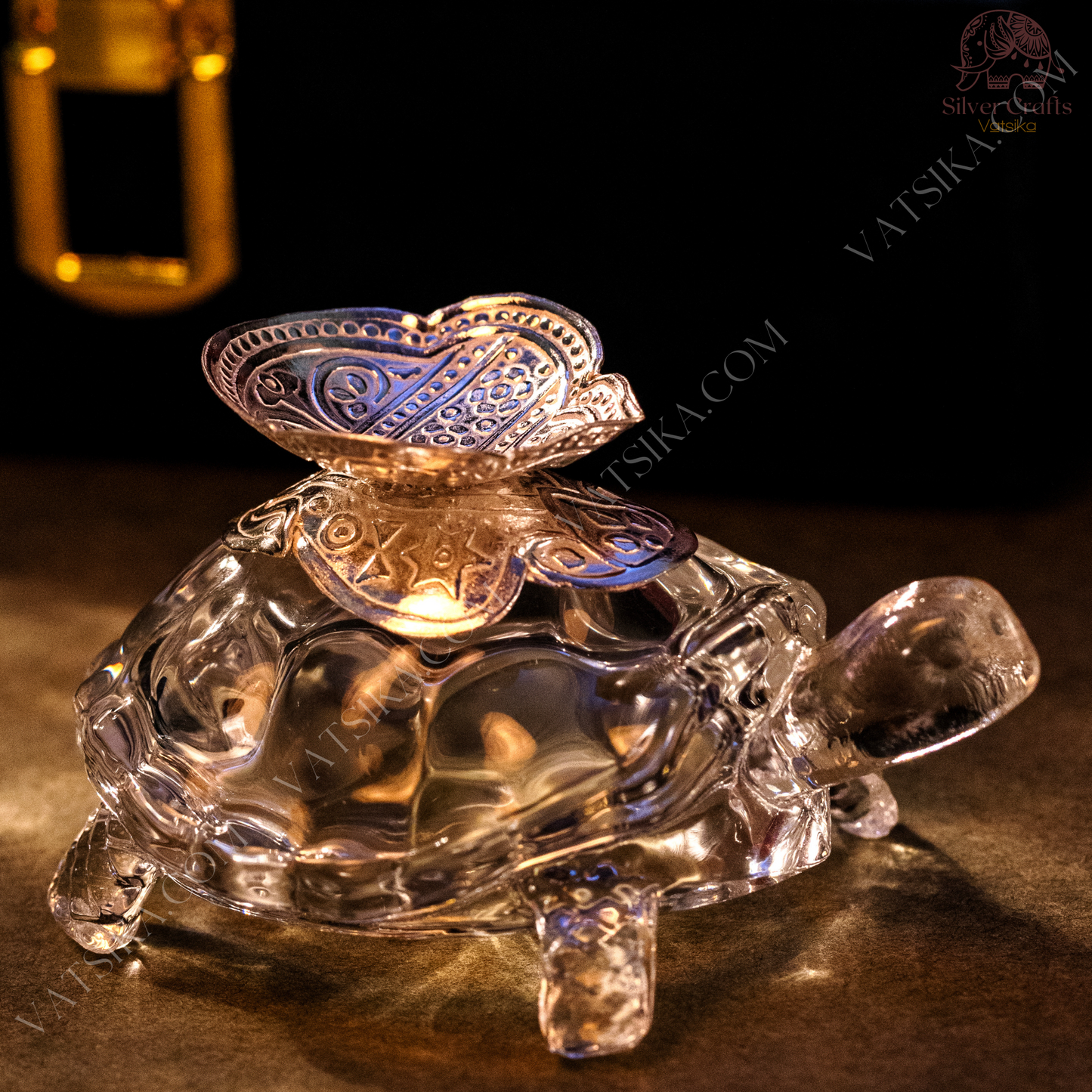 Pair of Silver Diyas with Crystal Tortise